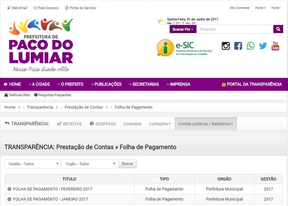 ALÔ MINISTÉRIO PÚBLICO! Portal da Transparência da Prefeitura  de Paço do Lumiar não disponibiliza folha de pagamento dos servidores