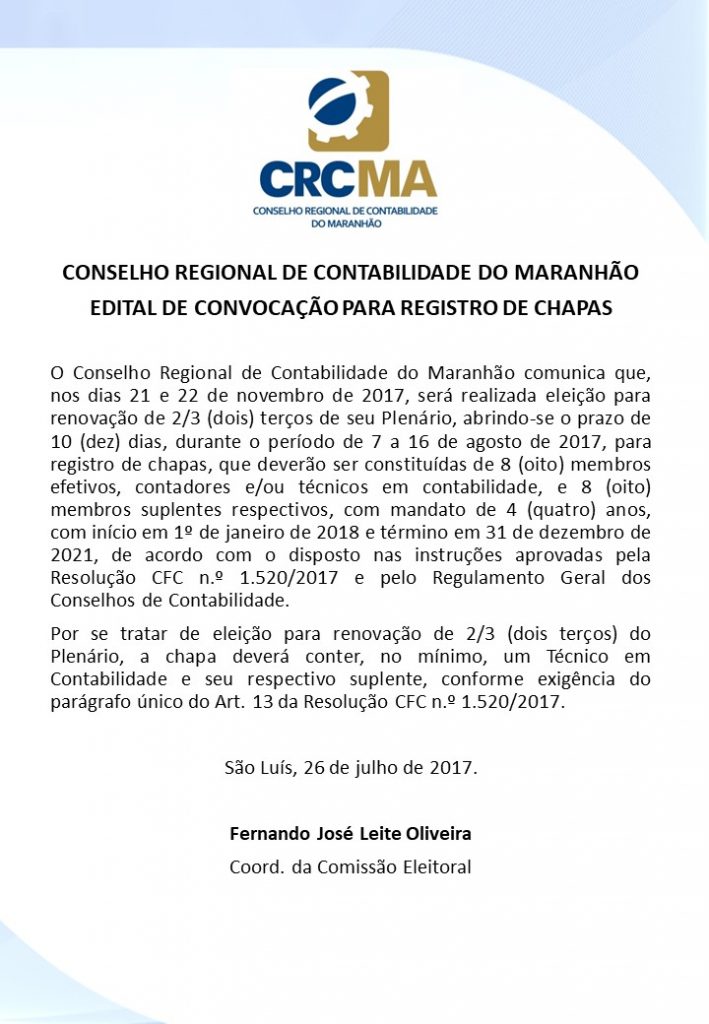 CRC-MA – Encerra amanhã registro de chapas para eleição 2017