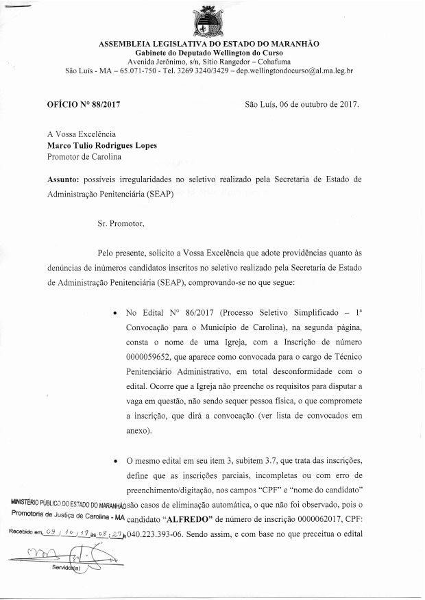 Deputado Wellington formaliza denúncias no Ministério Público de Carolina sobre “SELETIVO CAMARADA” no Maranhão