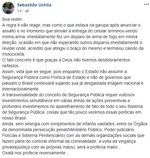 Delegado Sebastião Uchôa cai de bala na vagabundagem mas adverte: “A regra é não reagir”