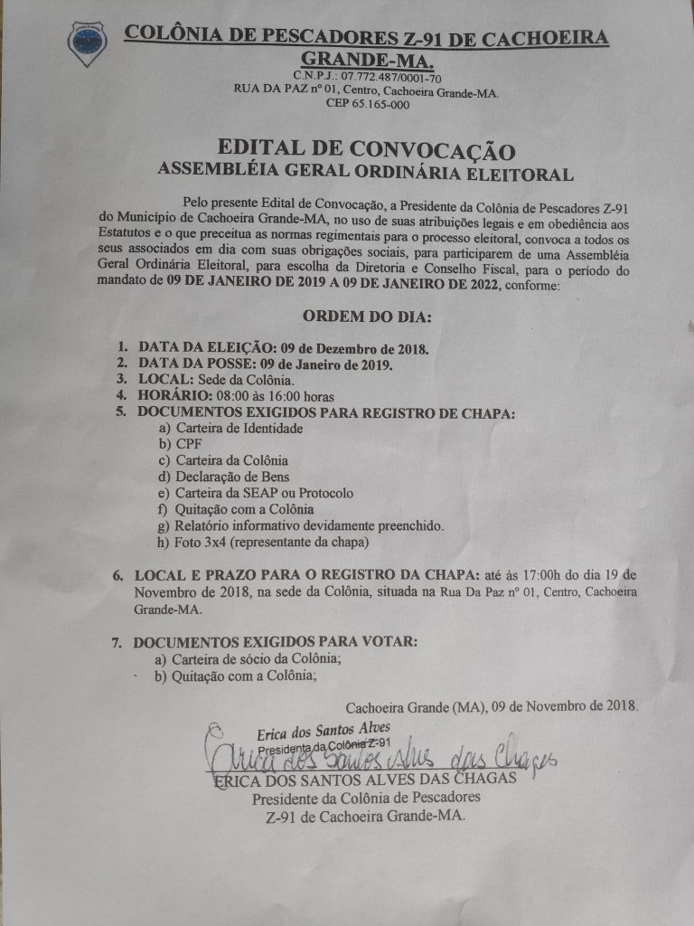 Cachoeira Grande – Edital de convocação da Assembléia Geral Ordinária Eleitoral Z-91