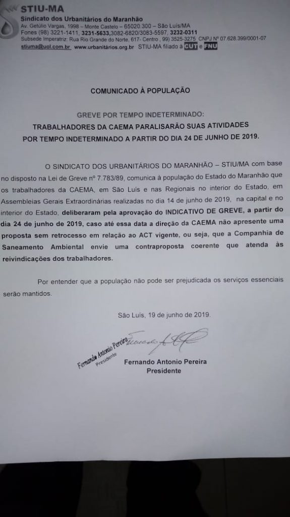 URGENTE – Funcionários da CAEMA deflagram greve