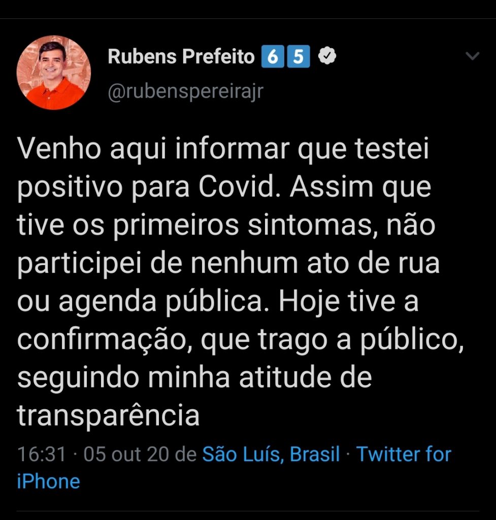 SÃO LUÍS – Rubens Jr. testa positivo para covid-19