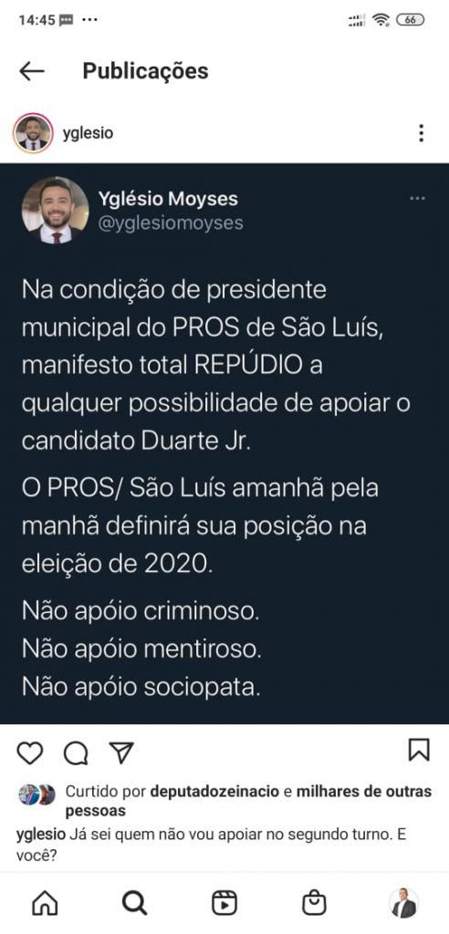 SÃO LUÍS – ‘Não apóio criminoso, mentiroso, sociopata’, dispara Yglésio contra Duarte Jr.