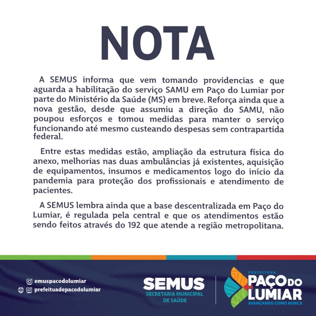 Paço do Lumiar: SEMUS emite nota sobre desativação da SAMU no município