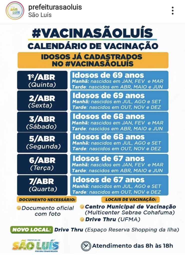 Prefeitura de São Luís anuncia vacinação contra a Covid-19 para idosos com idade entre 67 e 69 anos