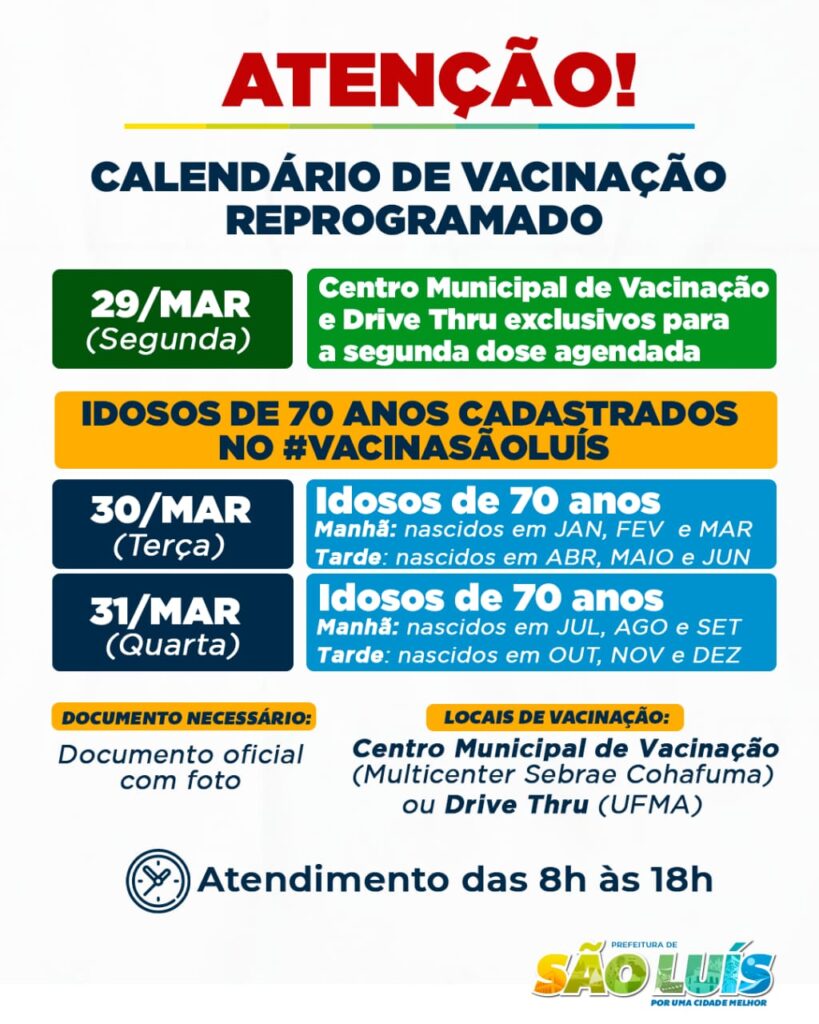 São Luís: Prefeitura divulga cronograma de vacinação para os últimos dias de março