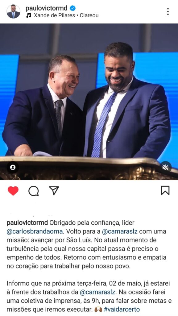 São Luís: Paulo Victor volta à Presidência da Câmara para liderar contraponto a Braide