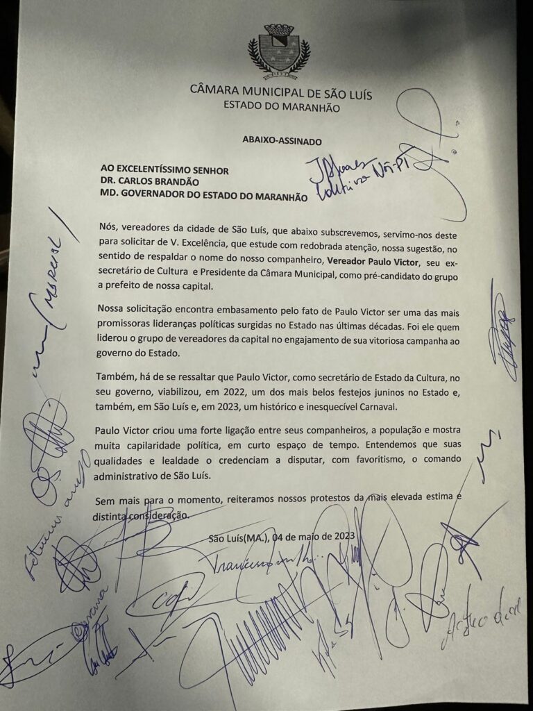 Vereadores entregam abaixo-assinado a Carlos Brandão respaldando nome de Paulo Victor à Prefeitura de São Luís em 2024